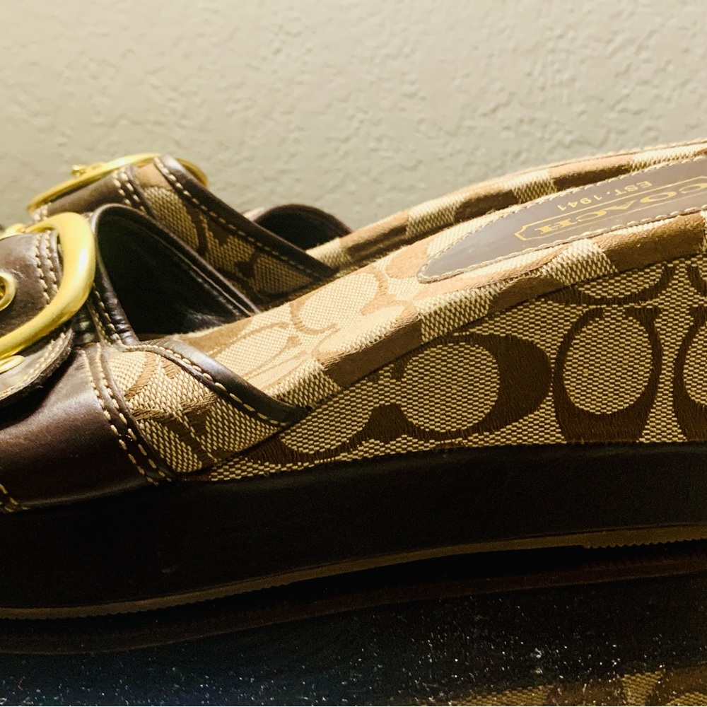 Coach Tan & Brown Signature Canvas Wedge Mules with Gold Buckle - Picture 5 of 7